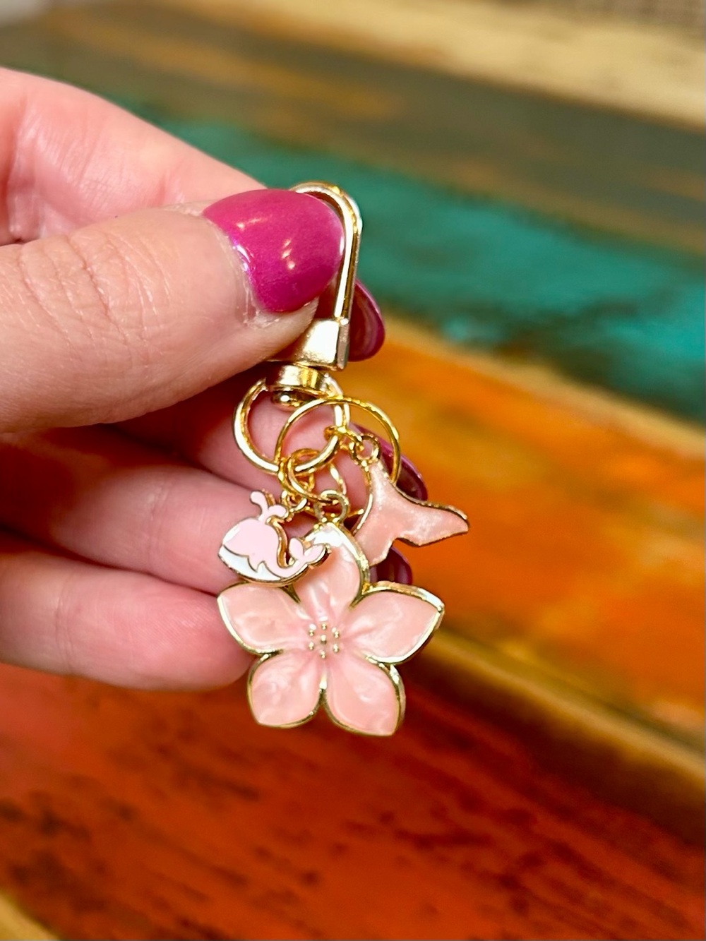 Mini Pink Enamel Coastal & Floral Keychain Charm - Picture 2 of 8